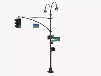 LowPoly Traffic light with street lamp Low-poly 3D model