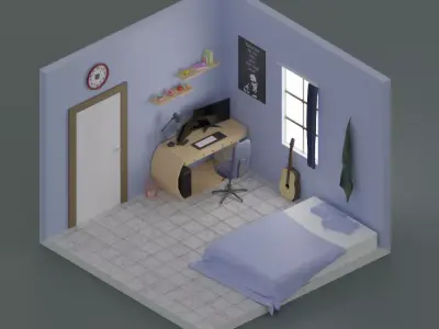 Bedroom room with bed and desk 3D model buy