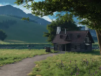 Realistic Wood House Nature Environment Mountain Scene  3D model