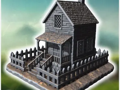 Intact wooden house with a picket fence front porch and a chimne 3D print model