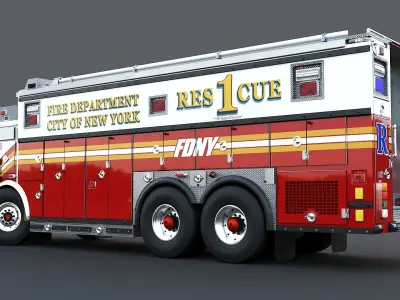 Fire Truck FDNY Rescue 1 with Interior Low-poly 3D model