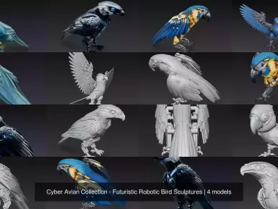Cyber Avian Collection - Futuristic Robotic Bird Sculptures 3D Model Pack