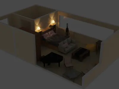 Bedroom living room with piano Free low-poly 3D model