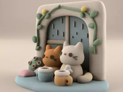 Cozy Cat Duo Rainy Window STL 3D print model