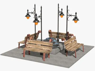 Benches and Lanterns on a Street Low-poly 3D model