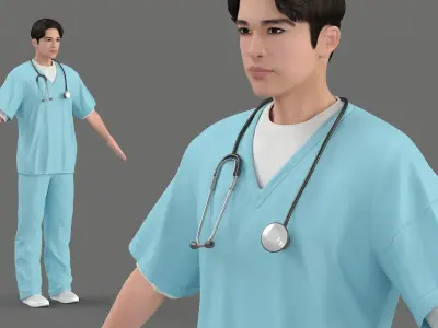 Asian Medic with Stethoscope A-Pose 