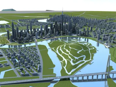 City 1 with skyscrapers and river 3D model