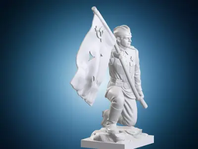 Soviet Soldier Historical Statue on Base with Flag 3D print model