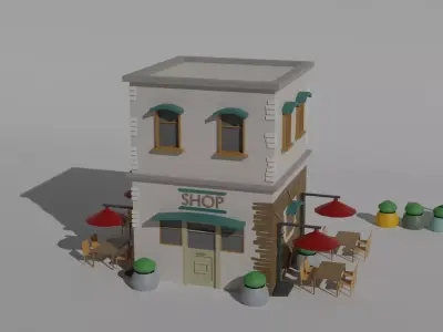 Low Poly Old Shop Building Low-poly 3D model
