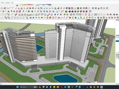 Highrise apartment building along outdoor sitting area 3D model