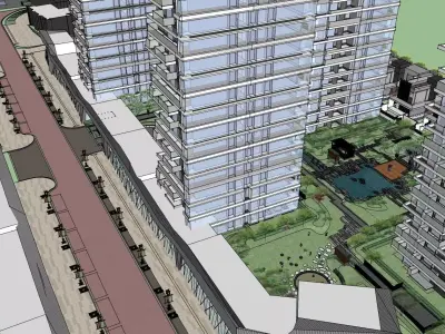 glass residential tower with landscape and highrise 3D model
