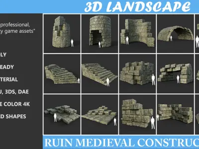 Low poly Mossy Ruin Medieval Construction Low-poly 3D model