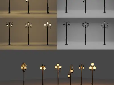 Triple head straight lamp Low-poly 3D model