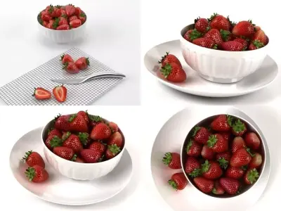 Strawberries on cutting board with knife and fork 3D model