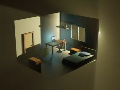 Low Poly Room with bed and desk 3D model