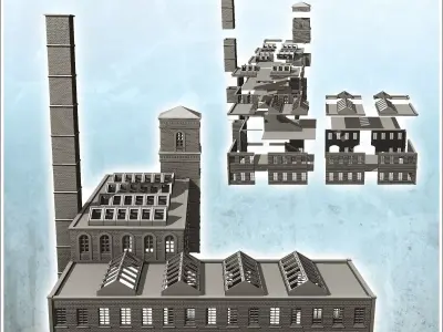 Large modern multi-storey brick industrial plant with chimney in 3D print model