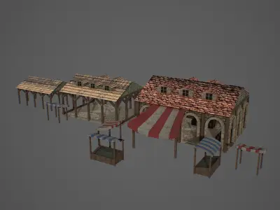 Market old building with roof Low-poly 3D model