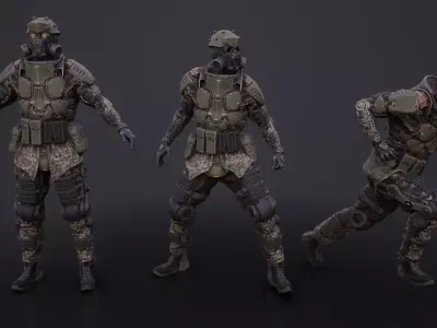 Rigged sci-fi soldier in a heavy exoskeleton Low-poly 3D model