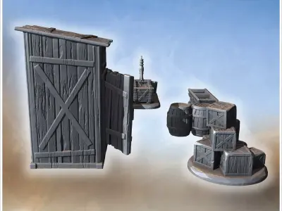 Collection of farm tools and items including crates barrels pump 3D print model