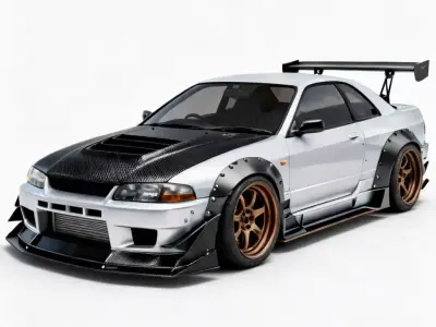 Widebody Silver JDM Drift Coupe 3D Model Low-poly 3D model