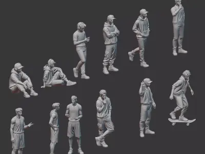 Street style man boy figure set for diorama 3D print model