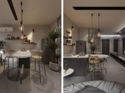 1 bed Hotel Cement Glass Wall 3D model