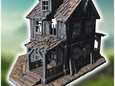 Large wooden house with a damaged porch broken roof shingles and 3D print model
