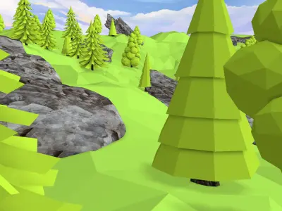 Landscape LowPoly 3D Model with trees and rocks Low-poly 3D model
