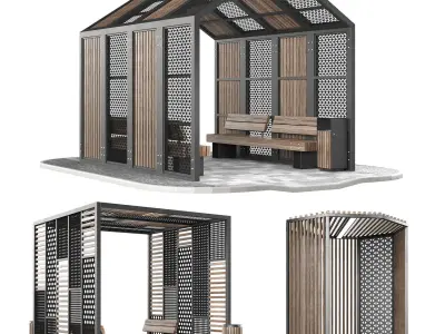 Set of pergolas and gazebos with benches 3D model