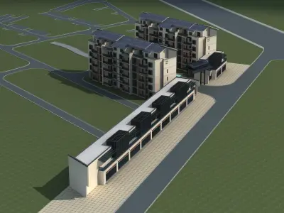 Architecture apartment building with parking lot 3D model