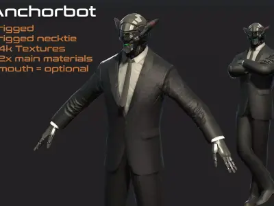 Rigged Cyberpunk Robot Anchorman - Reporter plus rigged necktie Low-poly 3D model