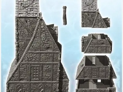 Medieval manor with English-style window roof spikes and stone t 3D print model