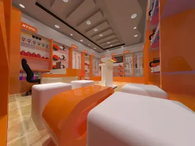 Showroom interior of store with orange furniture 3D model
