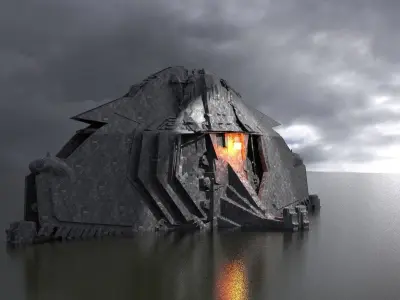 Sci-Fi Stealth Ship crashed Base City 3D model
