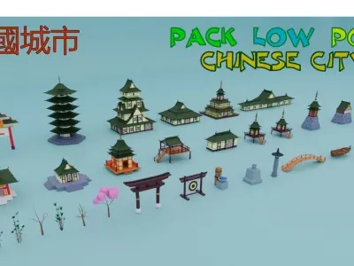 Pack low poly chinese city Low-poly 3D model