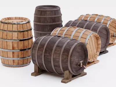6 Wine Barrels - Oak and Dark Casks with Stands and Spigots  Low-poly 3D model