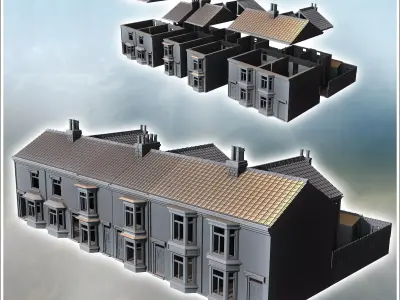 Set of three buildings with large bay windows and a backyard sur 3D print model purchase