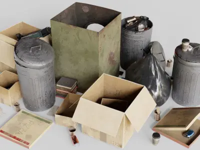 Garbage set trash cans and books on table Low-poly 3D model