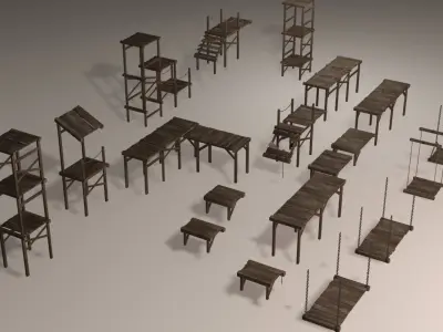 Wooden platforms modular collection Low-poly 3D model