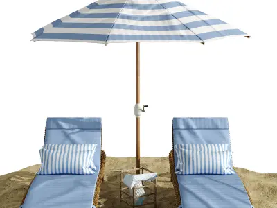 Beach umbrella and chaise longue set 2 3D model