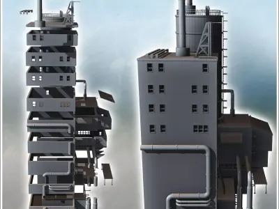 Modern building with a large silo pipes and overhanging annexes  3D print model
