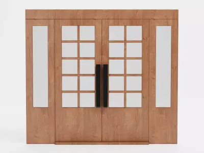 Double Door V2 - French Sliding Style with Wooden Frame Low-poly 3D model