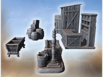 Collection of farm tools and items including crates barrels pump 3D print model