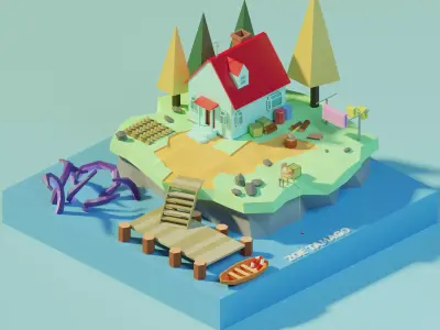 Isometric Low Poly House on an Island by Zoe Tamago Low-poly 3D model