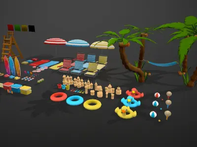 BEACH PACK - CARTOON STYLIZED Low-poly 3D model