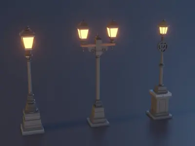 collection of 9 vintage-style  low poly antique street lamps Low-poly 3D model