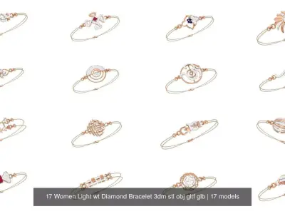 17 Women Light wt Diamond Bracelet 3dm stl obj gltf glb 3D Model Pack