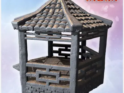 Traditional hexagonal pavilion with wooden pillars tiled roof an 3D print model