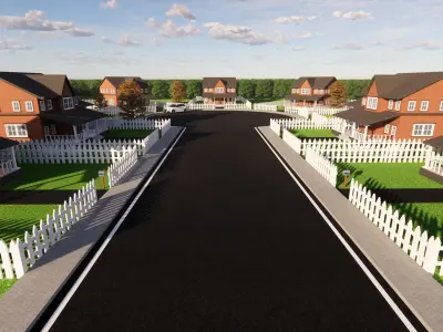 3D Neighborhood Model 5 street with houses and picket fence 3D model