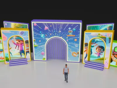 VR Kids Tech Event Stage Set 3D Model and Cartoon Backdrop 3D model